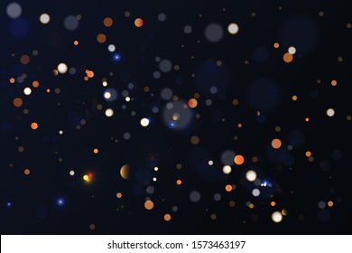 bokeh light on dark blue background. Christmas and New Year holidays template. Abstract glitter defocused blinking stars and sparks. Vector EPS 10