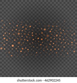 Bokeh light orange sparkles on transparency background vector illustration. Glowing glittering particles element for special Effects. Abstract design.