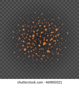Bokeh light orange sparkles on transparency background vector illustration. Glowing glittering particles element for special Effects. Abstract design.