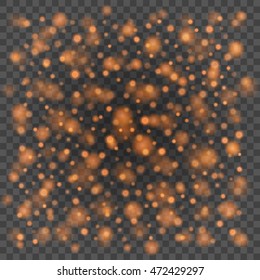 Bokeh light orange sparkles on transparency background vector illustration. Glowing glittering particles element for special Effects. Abstract design.