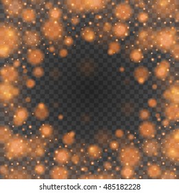 Bokeh light orange sparkles on transparency background vector illustration. Glowing glittering particles element for special Effects. Abstract design.