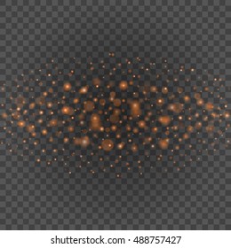 Bokeh light orange sparkles on transparency background vector illustration. Glowing glittering particles element for special Effects. Abstract design.