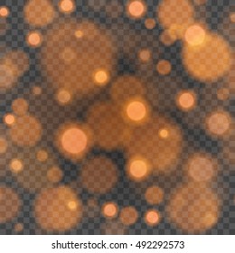 Bokeh light orange sparkles on transparency background vector illustration. Glowing glittering particles element for special Effects. Abstract design.