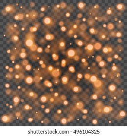 Bokeh light orange sparkles on transparency background vector illustration. Glowing glittering particles element for special Effects. Abstract design.