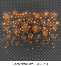 Bokeh light orange sparkles on transparency background vector illustration. Glowing glittering particles element for special Effects. Abstract design.