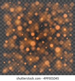 Bokeh light orange sparkles on transparency background vector illustration. Glowing glittering particles element for special Effects. Abstract design.