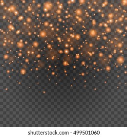 Bokeh light orange sparkles on transparency background vector illustration. Glowing glittering particles element for special Effects. Abstract design.