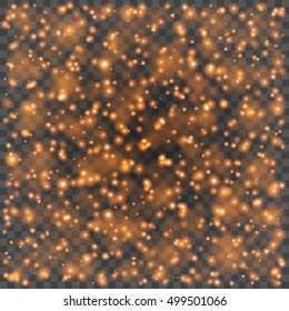 Bokeh light orange sparkles on transparency background vector illustration. Glowing glittering particles element for special Effects. Abstract desig