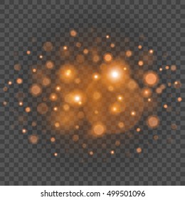 Bokeh light orange sparkles on transparency background vector illustration. Glowing glittering particles element for special Effects. Abstract design.