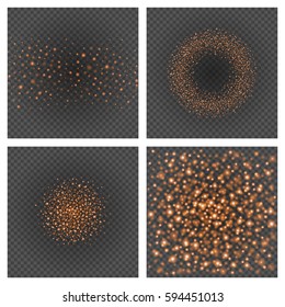 Bokeh light orange sparkles on transparency set backgrounds vector illustration. Glowing glittering particles element for special Effects. Abstract design.