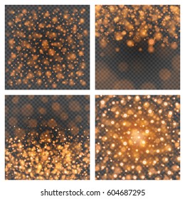 Bokeh light orange sparkles on transparency set backgrounds vector illustration. Glowing glittering particles element for special Effects. Abstract design.