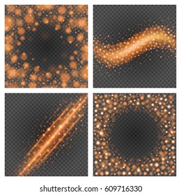 Bokeh light orange sparkles on transparency set backgrounds vector illustration. Glowing glittering particles element for special Effects. Abstract design.