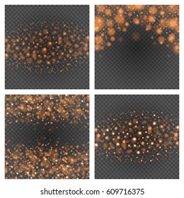 Bokeh light orange sparkles on transparency set backgrounds vector illustration. Glowing glittering particles element for special Effects. Abstract design.