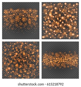 Bokeh light orange sparkles on transparency set backgrounds vector illustration. Glowing glittering particles element for special Effects. Abstract design.
