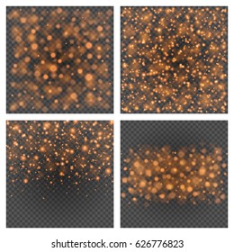 Bokeh light orange sparkles on transparency. Backgrounds set vector illustration. Glowing glittering particles element for special Effects. Abstract design.
