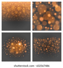 Bokeh light orange sparkles on transparency. Backgrounds set vector illustration. Glowing glittering particles element for special Effects. Abstract design.