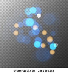 Bokeh lights. Abstract blur light effect. Blurred overlay template. Transparent background. Vector illustration.