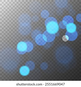 Bokeh lights. Abstract blur light effect. Blurred overlay template. Blue color. Transparent background. Vector illustration.