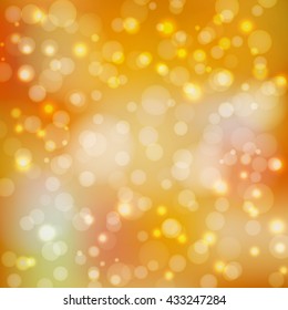 Bokeh lights. Autumn background with blur. Back to school. Brilliant orange wallpaper. Festive decoration with circles. Golden abstract backdrop. Vector illustration.

