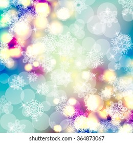 Bokeh lights background with snowflakes