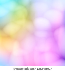 Bokeh lights blurred bubble fluid shapes background. Vector cover page layout design in rainbow spectrum holographic colors. Abstract Blurred bokeh bubbles, light gradient smooth shapes surface.