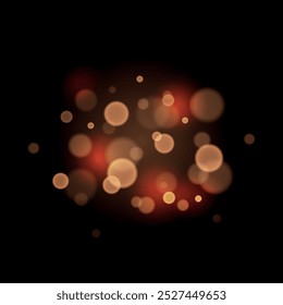 Bokeh lights. Blurred gold bokeh on black background. Blurred circle shapes. Shine, glitter, sparkles, dust. Glowing backdrop for Christmas, New Year, birthday, banner, background