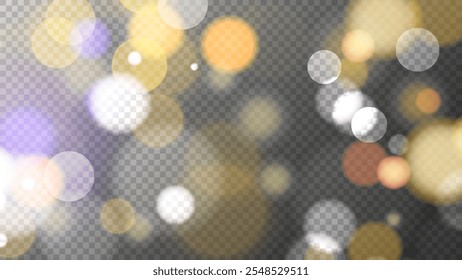 Luces bokeh. Efecto de luz borrosa brillante. Plantilla de superposición borrosa Abstractas. Fondo transparente. Ilustración vectorial.