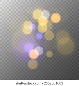 Luces bokeh. Efecto de luz borrosa brillante. Plantilla de superposición borrosa Abstractas. Fondo transparente. Plantilla gráfica. Ilustración vectorial.