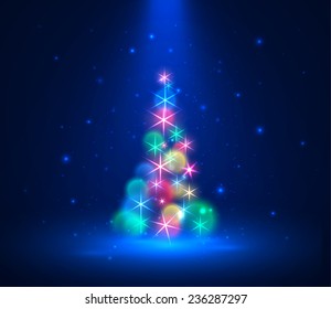 Bokeh lights christmas tree vector background. Eps10.