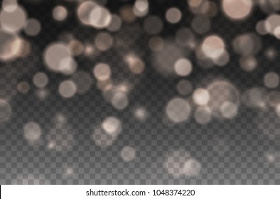 Bokeh lights effect isolated on transparent background. Vector Christmas glowing yellow and orange overlay sparkle texture for your design.