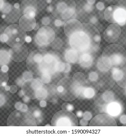 Bokeh lights effect isolated on transparent background. Black and white, silver, gold glitter for Christmas, for your banner, post