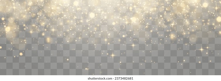 Bokeh lights effect isolated on png background. Soft blured bokeh and dusty shine lights. Festive golden luminous background. Vector Christmas concept isolated on transparent background