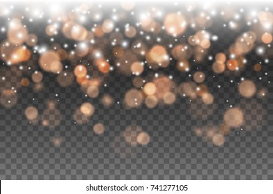 Bokeh Lights Effect Isolated On Transparent Background. Vector Christmas Glowing White, Yellow And Gold Overlay Sparkle Texture. Falling Glitter Particles For Your Design
