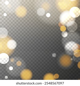 Bokeh lights. Festive background. Blurred overlay template. Transparent background. Vector illustration.