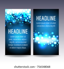 Bokeh lights flyer card in blue colors vector templates