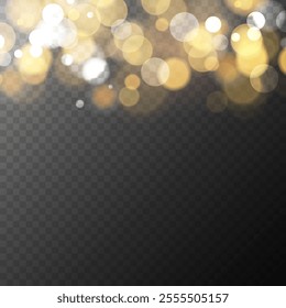 Bokeh lights. Gold colored. Vibrant blur light effect. Abstract blurred overlay template. Festive graphic template. Transparent background. Vector illustration.