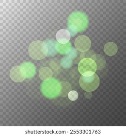 Plantilla gráfica de luces Bokeh. Fondo transparente. Efecto de luz borrosa brillante. Plantilla de superposición borrosa Abstractas. Ilustración vectorial.