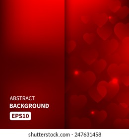 Bokeh lights hearts red background. Banner design template. Valentines Day card. Vector illustration EPS10 