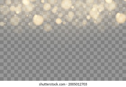 Bokeh lights isolated on transparent background. Golden bokeh lights with glowing particles. Christmas concept