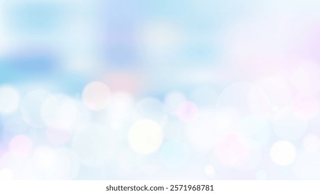 Bokeh lights on blurred soft blue and pink background. Romantic abstract design.