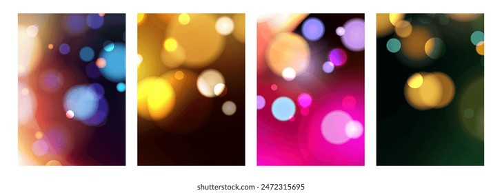 Luces Bokeh. Conjunto de fondos difuminados abstractos. Efecto de luz borrosa vibrante. Plantillas gráficas para tarjetas, volantes e invitaciones festivas. Ilustración vectorial.