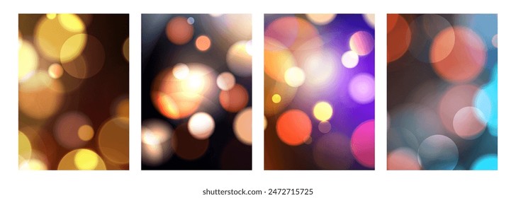 Luces Bokeh. Conjunto de fondos desenfocados abstractos. Efecto de luz borrosa vibrante. Plantillas gráficas para tarjetas de felicitación festivas, volantes e invitaciones. Ilustración vectorial.