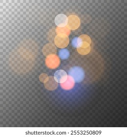 Bokeh ilumina la textura. Abstractas efecto de luz borrosa. Plantilla de superposición borrosa. Fondo transparente. Ilustración vectorial.