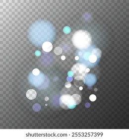 Bokeh ilumina la textura. Abstractas efecto de luz borrosa. Plantilla de superposición borrosa. Fondo transparente. Ilustración vectorial.