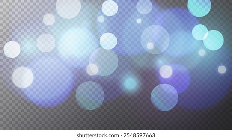 Luces bokeh. Fondo transparente. Plantilla de superposición borrosa brillante. Abstractas efecto de luz borrosa. Ilustración vectorial.