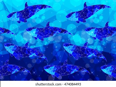 Bokeh and low poly fishes in ocean.Seamless pattern.Pattern with bokeh light effect.Colorful background.  