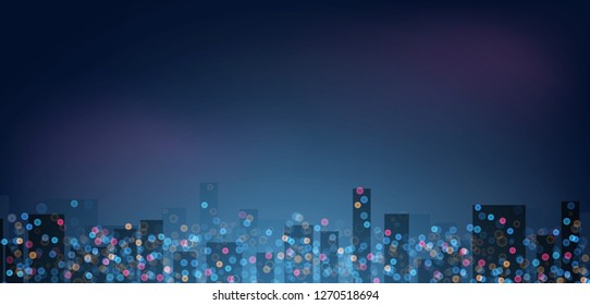 Bokeh. Night city lights vector template with copy text space. Megapolis lights, panoramic background. Downtown view.