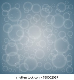 Bokeh on grey background. Neutral background with bubbles and sparkling particles. Design template for your artwork. Vector illustration.