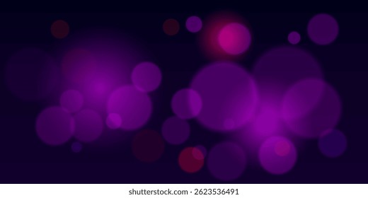 Bokeh. Purple glowing blurry circles on dark backdrop. Fits celebration layout, party visuals, dreamy effects, elegant overlays, digital decorations and night event design.