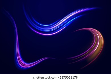 Bokeh luz morada brillante línea de onda redonda con partículas brillantes. Fondo vectorial de efecto de líneas brillantes azules. Ola futurista flash, espiral de neón. onda semicircular, giro de la curva de traza luminosa, óptico.